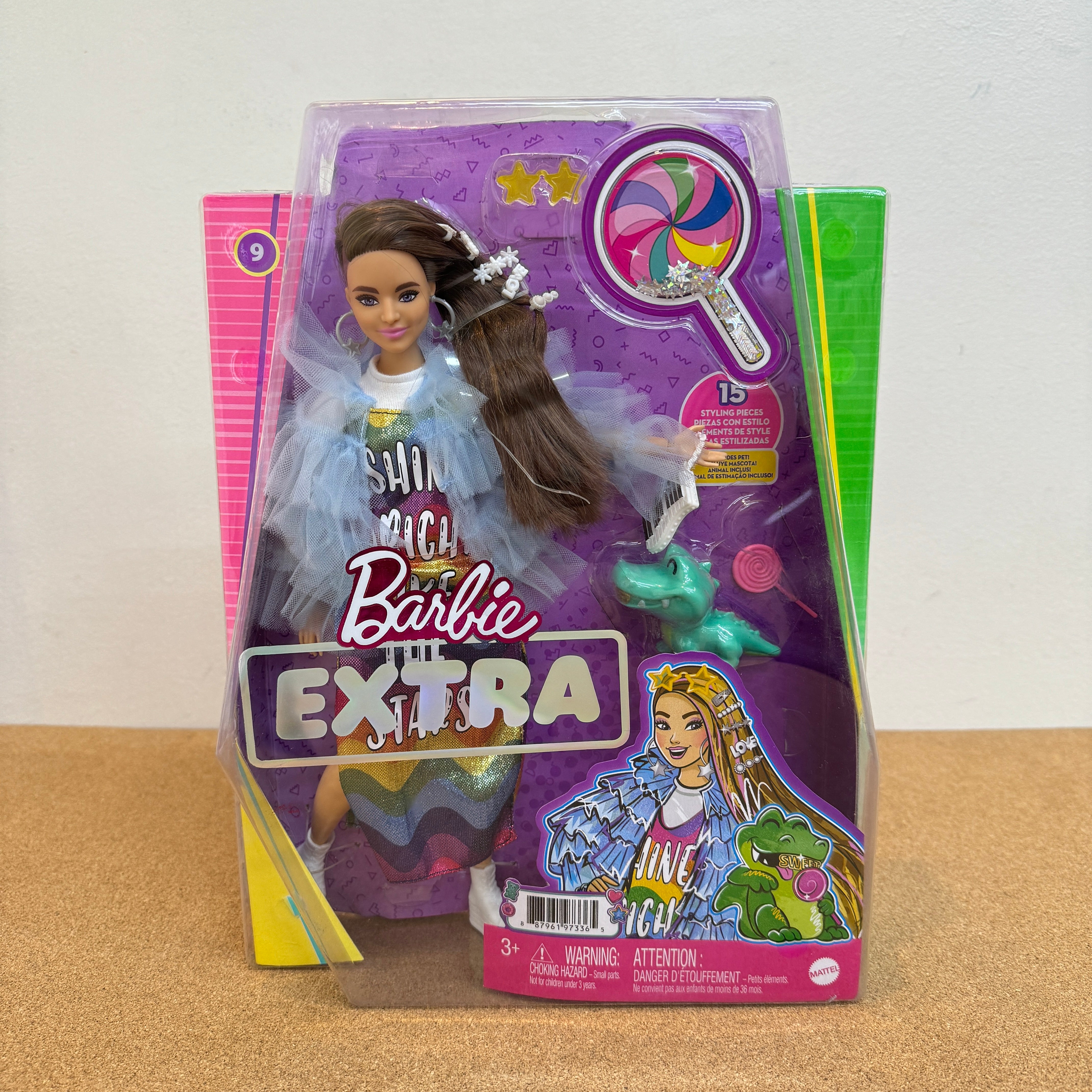 Barbie Extra Doll & Accessories with Long Brunette Hair Clips in Multi-Colored Dress with Pet Crocodile