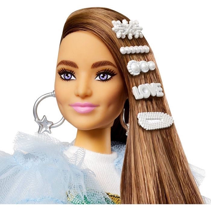 Barbie Extra Doll & Accessories with Long Brunette Hair Clips in Multi-Colored Dress with Pet Crocodile