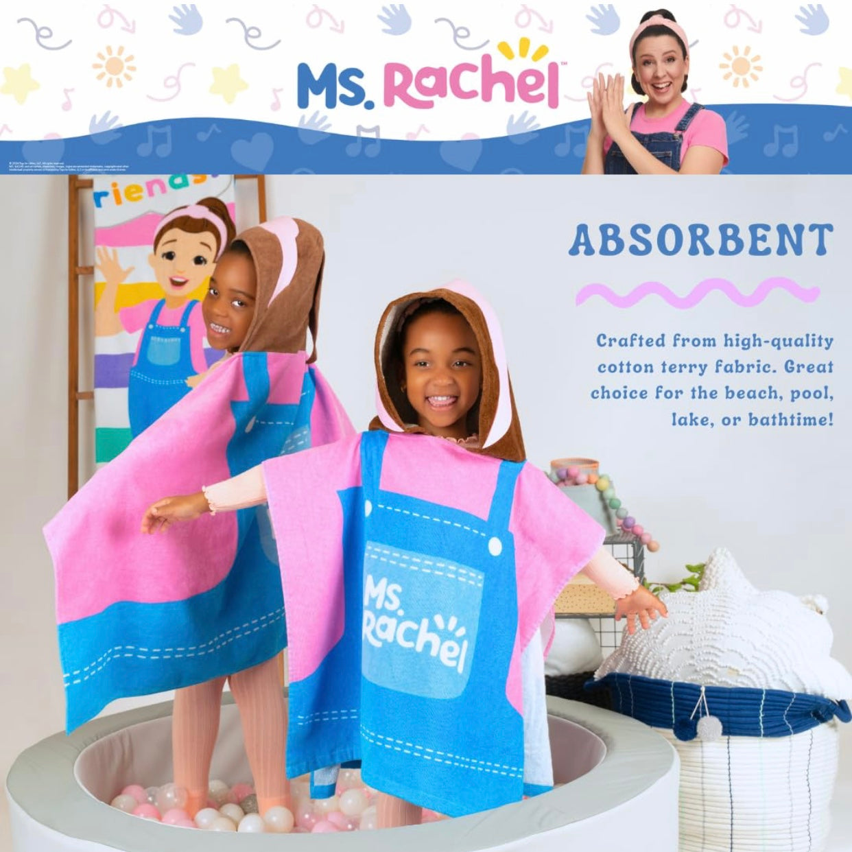 Ms. Rachel Kids Hooded Towel Wrap 24INx50IN