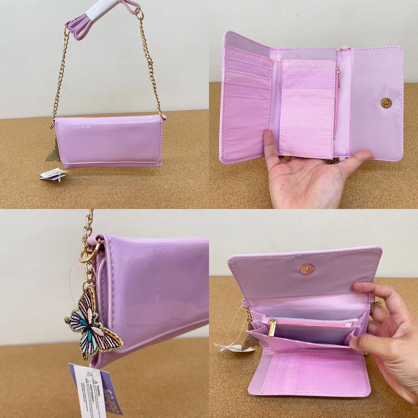 Claire’s Pink Butterfly Charms Patent Leather Wallet & Chain